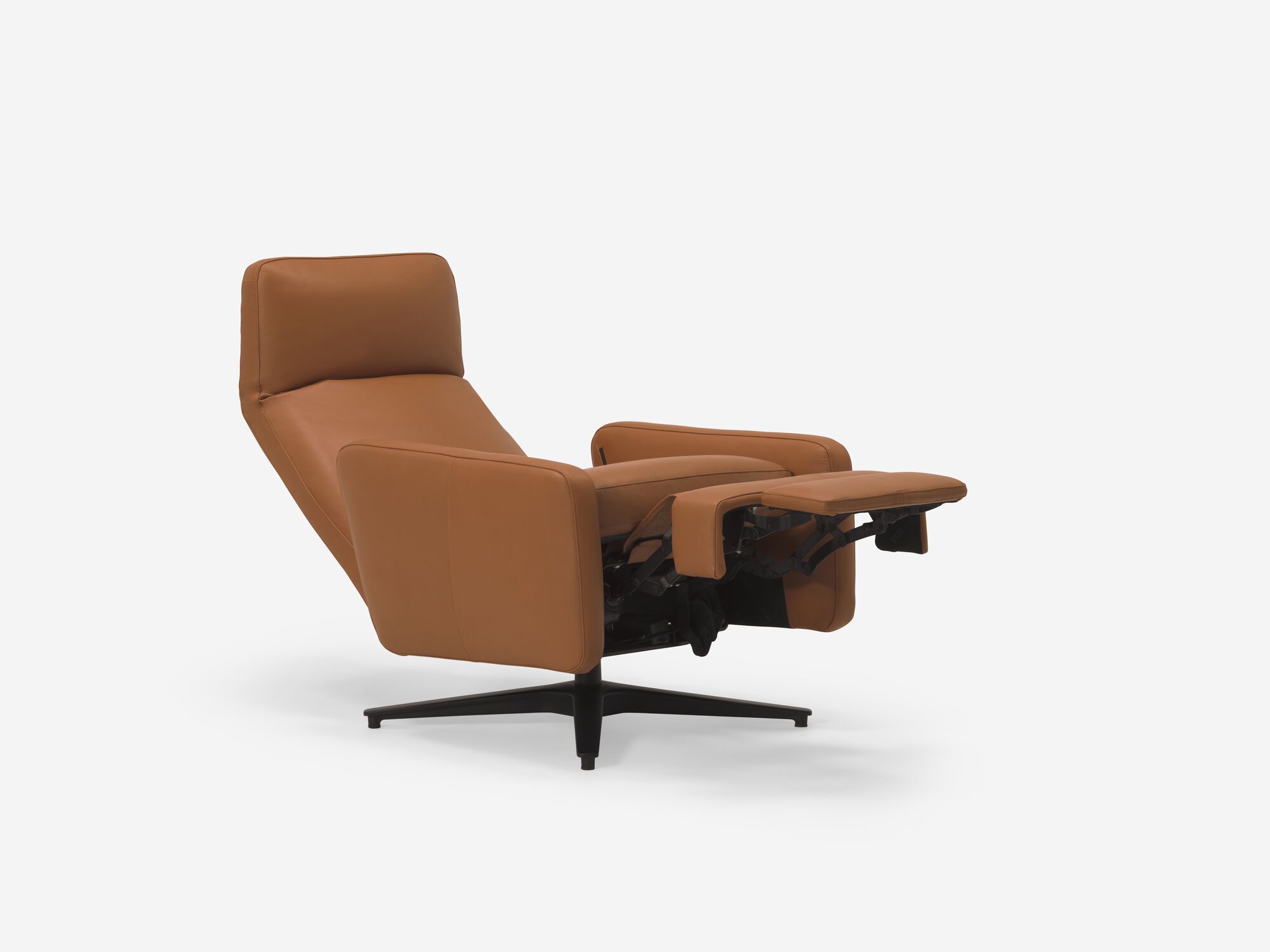 Front angle view of brown leather reclining chair with seat reclined